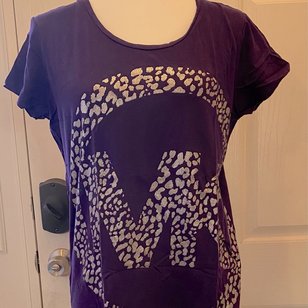 Purple Michael Kors logo tee, silver leopard-print logo, size L